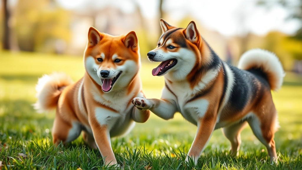 shiba inu dog price -
Photorealistic image of two adult Shiba Inu dogs playing together outdoors in a