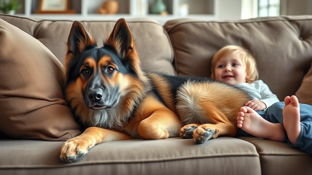 shiloh shepherd dog -
A Shiloh Shepherd dog lying peacefully on a living room couch next to a young c