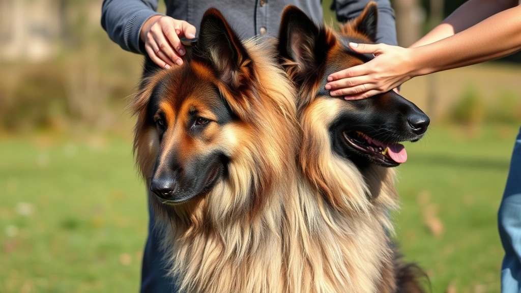 shiloh shepherd dog -
A large Shiloh Shepherd dog being groomed outdoors, showing thick double coat t