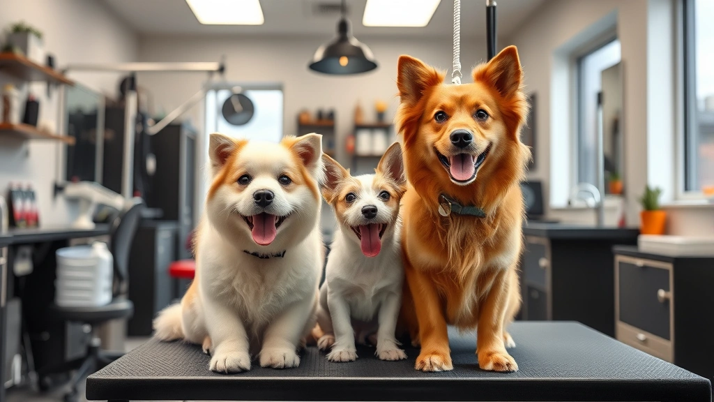 shoe dog book -
A modern pet grooming salon interior with professional equipment and happy dogs