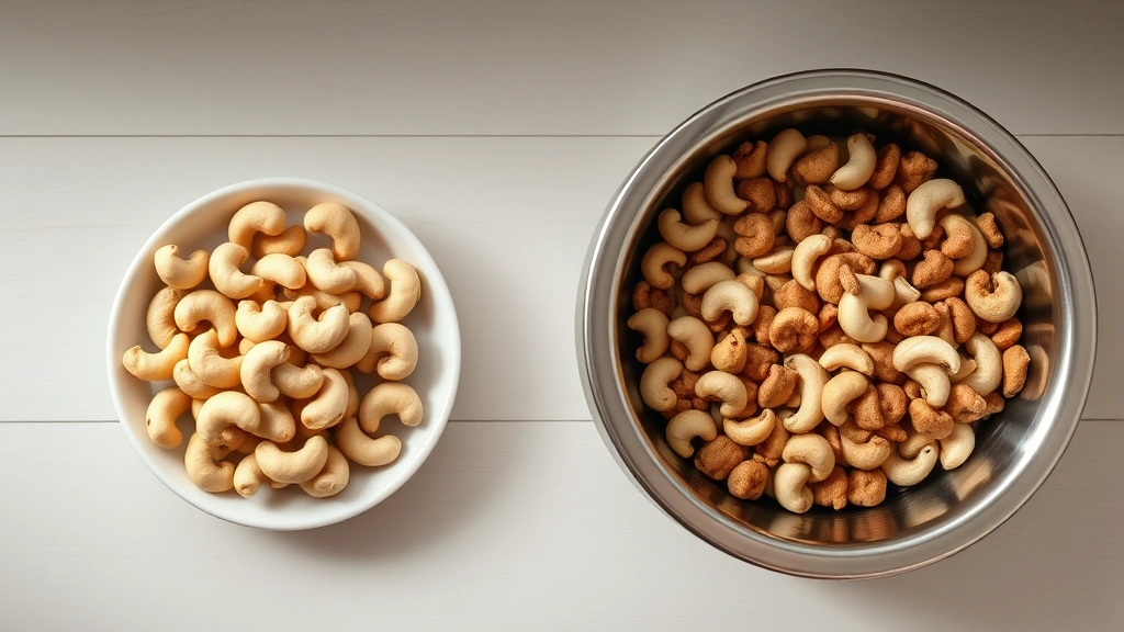 should dogs eat cashews -
Photorealistic overhead shot of a bowl of unsalted raw cashews next to a dog fo