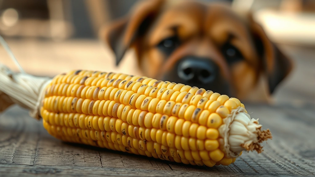 should dogs eat corn -
Photorealistic close-up of whole corn cob on wooden surface with sad puppy face