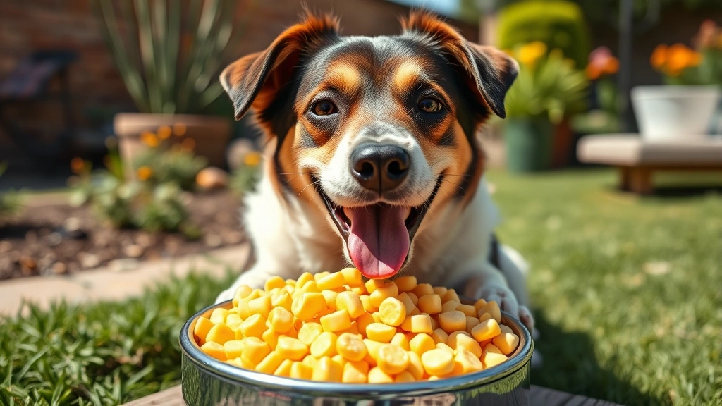 should dogs eat corn -
Photorealistic happy medium-sized dog eating from a treat bowl containing plain