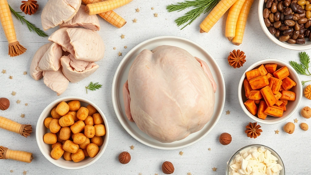 should dogs eat turkey -
Photorealistic overhead shot of various dog-safe foods including plain turkey
