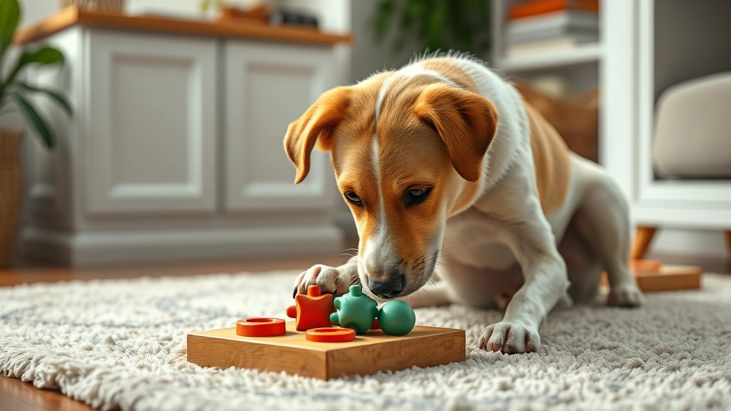 should you walk a dog with luxating patella -
Photorealistic image of a dog doing a puzzle toy indoors on a soft rug