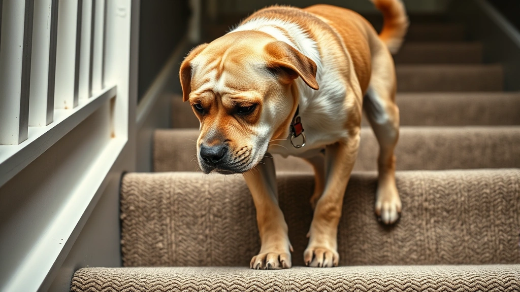 signs of a dog dying of heart failure -
Photorealistic image of a senior dog struggling to climb stairs or walk, showin
