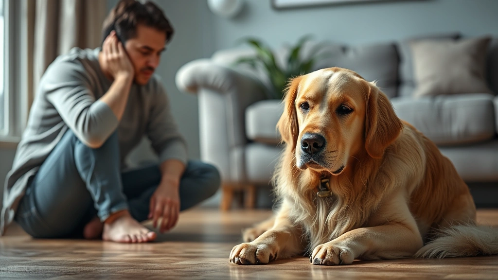 signs of cancer in dogs -
Photorealistic image of a concerned dog owner observing their aging golden retr