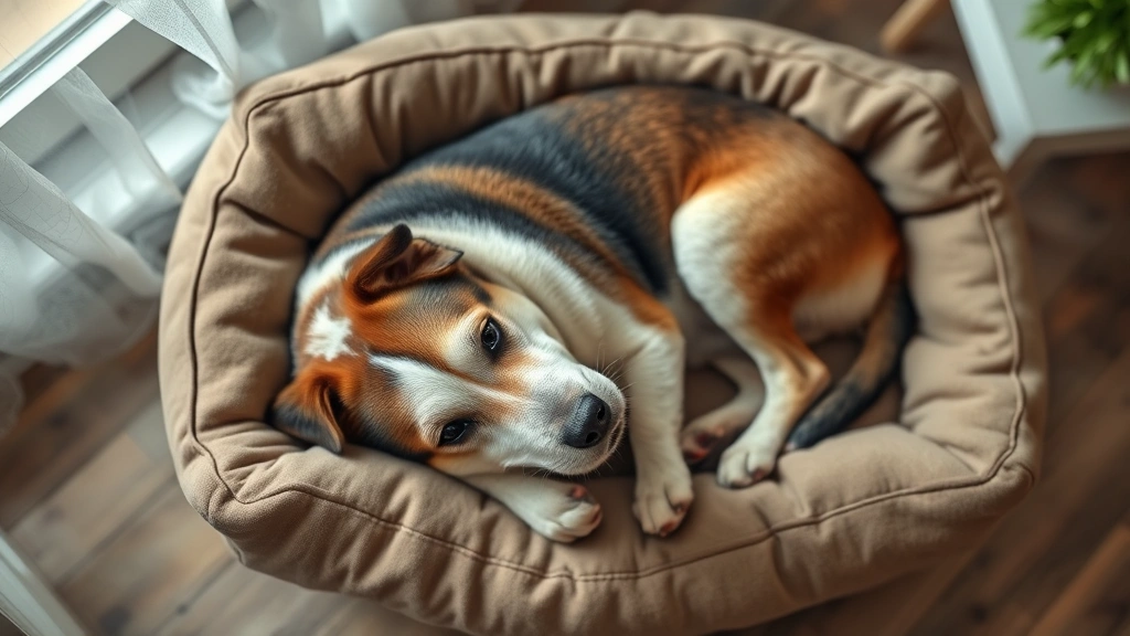 signs your dog with diabetes is dying -
Photorealistic overhead shot of a senior dog resting peacefully on a comfortabl