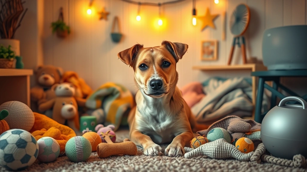 sileo for dogs -
Photorealistic scene of a nervous dog in a safe space surrounded by toys, blank