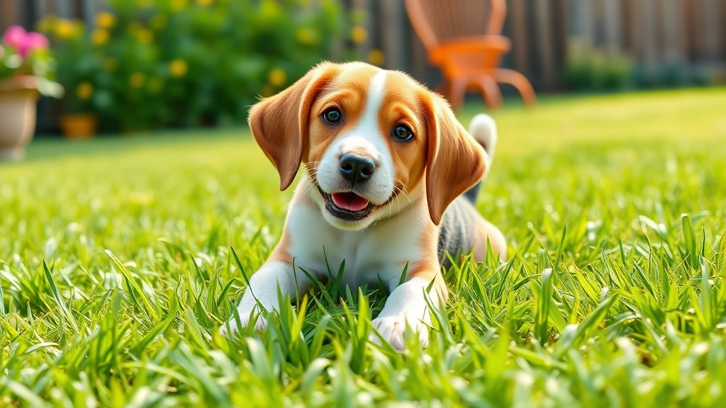 simparica for dogs -
Photorealistic image of a beagle puppy playfully rolling in green grass in a ba