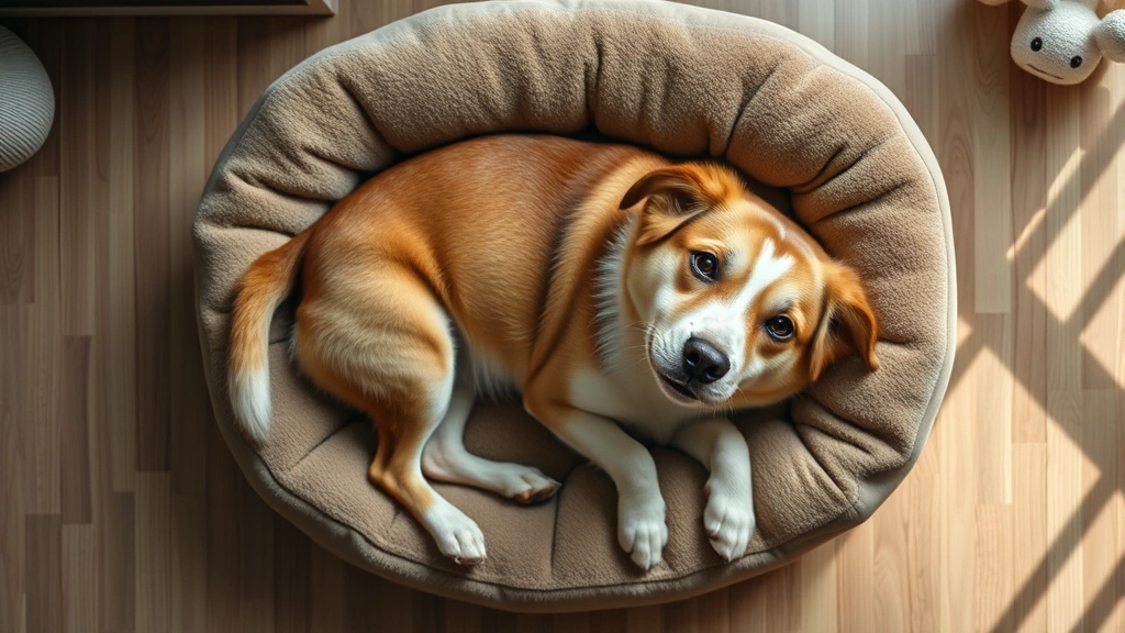 simparica for dogs -
Photorealistic overhead view of a dog lying comfortably on a soft pet bed indoo