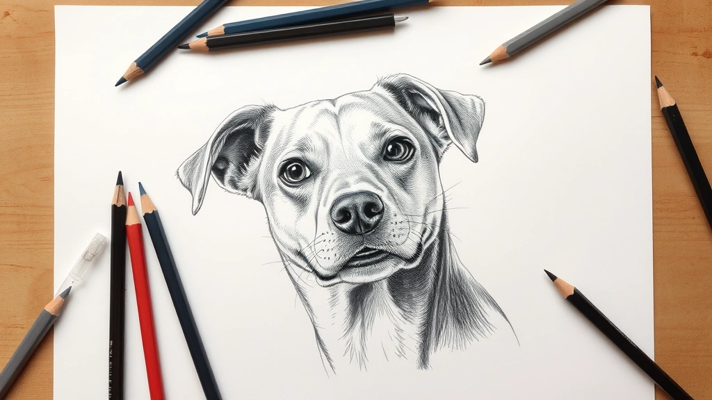 simple dog drawing -
Photorealistic flat lay of an unfinished dog drawing in progress on sketch pape