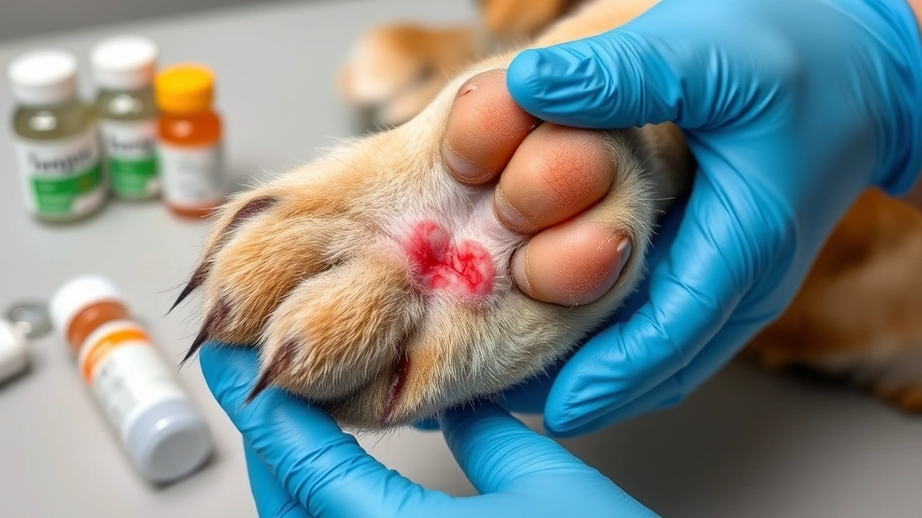 simplicef for dogs -
Close-up of a dog’s paw with visible skin infection being examined by a v