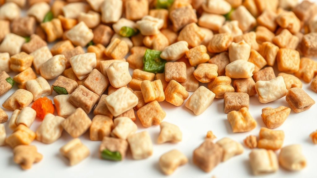 simply nourish dog food -
Close-up of premium dog food kibble with visible chicken pieces, vegetables, an