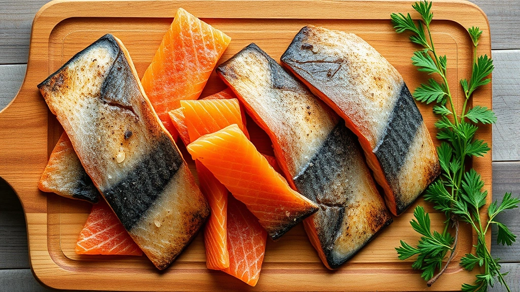 single-ingredient natural treats -
Photorealistic overhead shot of dehydrated fish treats and salmon strips arrang