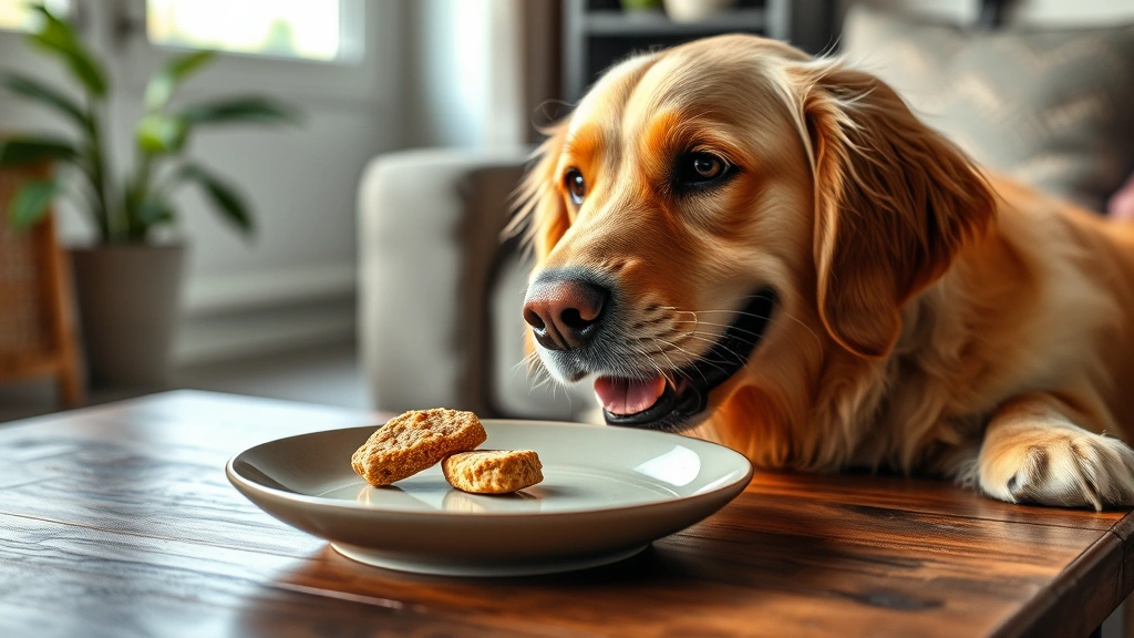 single-ingredient natural treats -
Photorealistic image of a happy golden retriever looking at a single piece of f