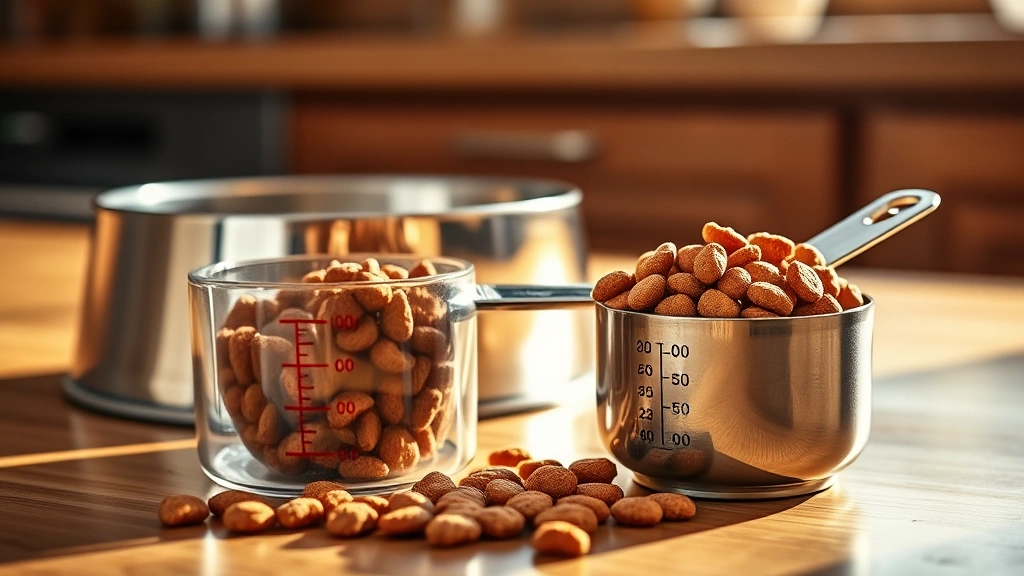 size-based portion control -
Photorealistic image of measured dog kibble in a stainless steel measuring cup 