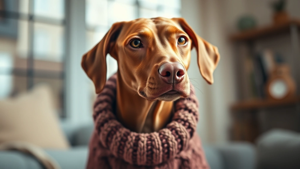 skeleton dog -
Photorealistic close-up of a Vizsla wearing a cozy winter sweater indoors, show