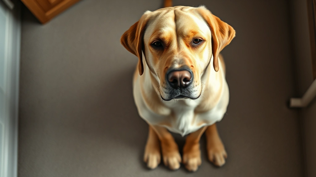 skin tag on dog -
Photorealistic overhead view of an older labrador dog sitting peacefully with v