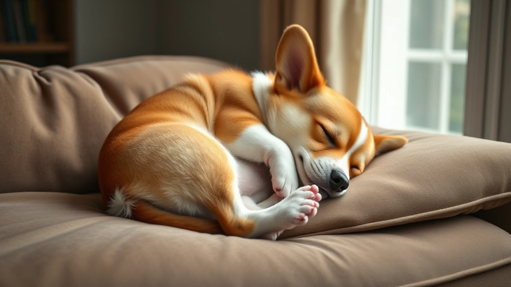 skirby dog video -
A small corgi sleeping in an impossibly contorted position on a couch, photorea