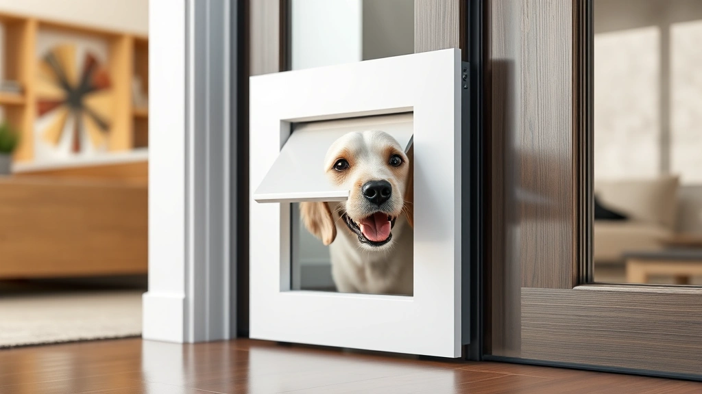 sliding door dog door -
Photorealistic close-up of a modern sliding door dog door installed in a contem