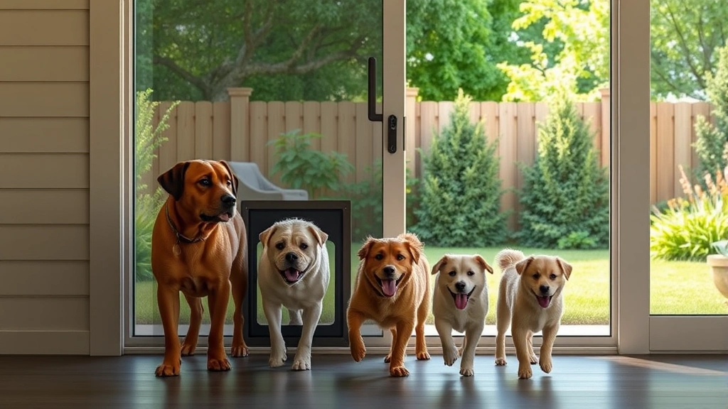 sliding door dog door -
Photorealistic image of multiple dogs of different sizes (large and small breed