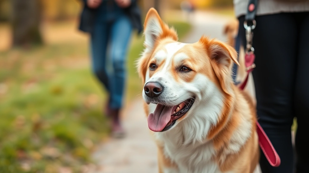 slip leash for dogs -
dog looking happy and relaxed while walking beside a person
