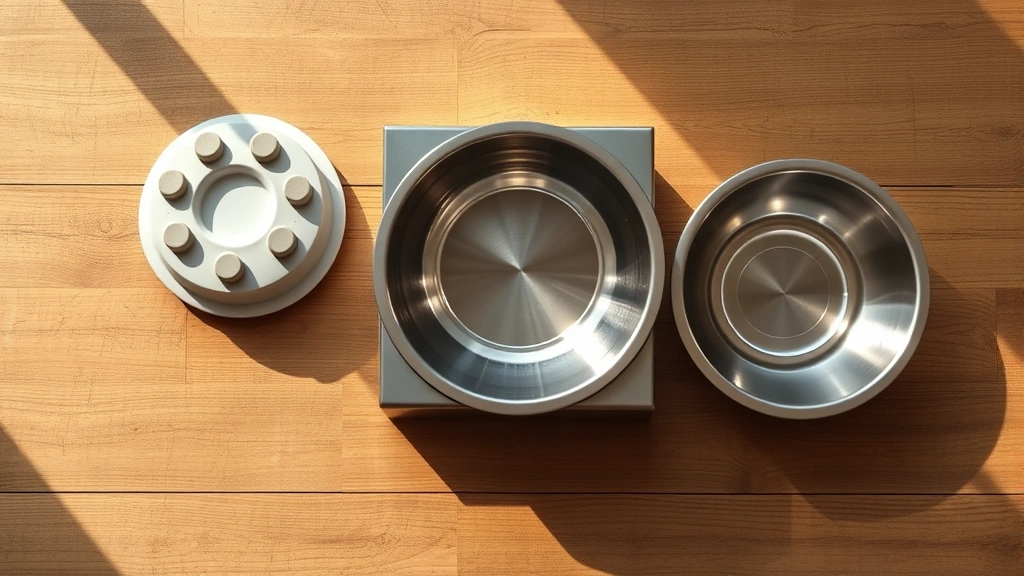 slow feeder bowls -
Photorealistic overhead shot of various slow feeder bowl types arranged on a wo