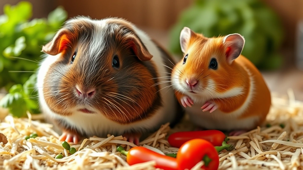 small animal probiotics -
Photorealistic image of a guinea pig and a dwarf hamster together on bedding wi