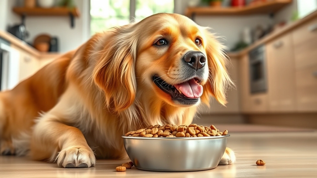 small batch dog food -
Photorealistic image of a happy golden retriever eating from a bowl of fresh ki