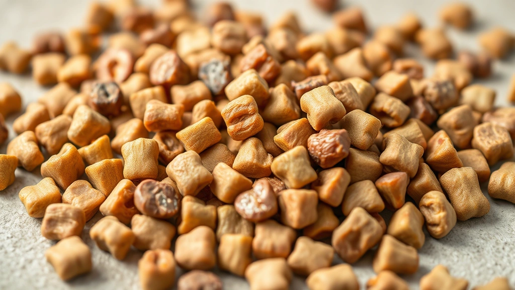 small batch dog food -
Photorealistic close-up of premium dog food kibble with visible whole ingredien