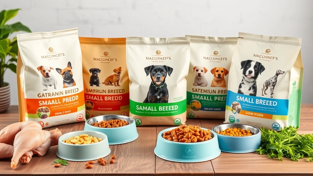 small breed dog food -
Photorealistic image of various premium small breed dog food bags and bowls arr