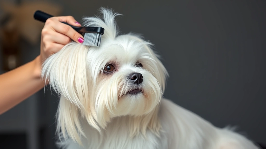 small dog breeds that dont shed -
photorealistic image of a Maltese dog with long silky white coat being groomed 
