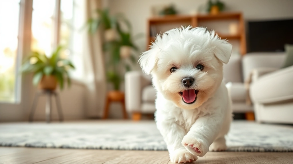 small dog breeds that dont shed -
photorealistic image of a Bichon Frise puppy playing in a living room, fluffy w