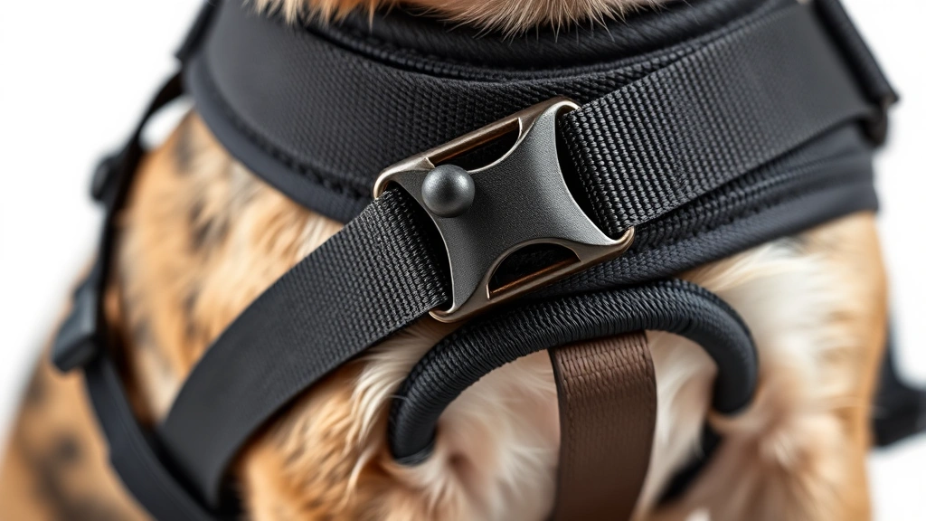 small dog harness -
Close-up detail shot of a high-quality dog harness showing padded straps and se