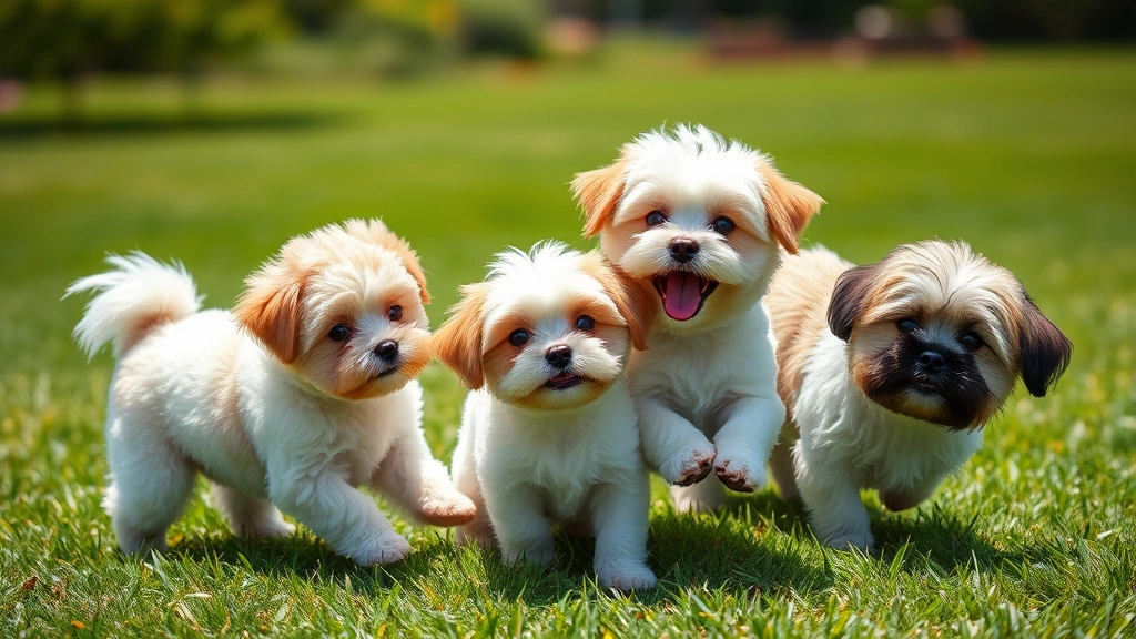 small fluffy dog breeds -
Photorealistic image of three small fluffy dog breeds playing together outdoors