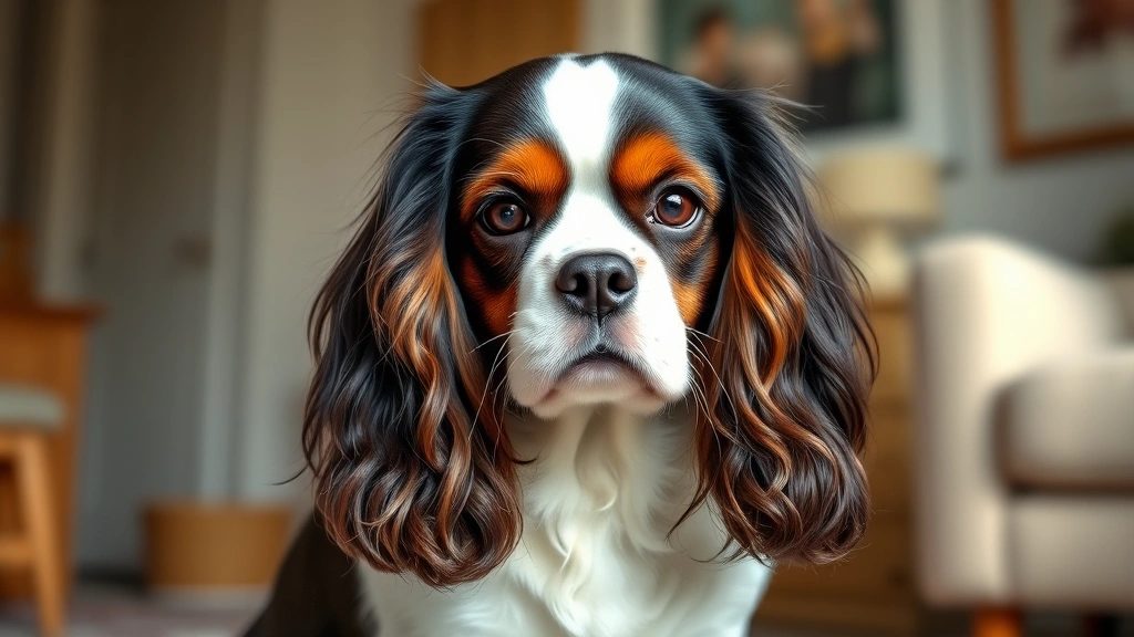small fluffy dog breeds -
Photorealistic portrait of a groomed Cavalier King Charles Spaniel with silky c