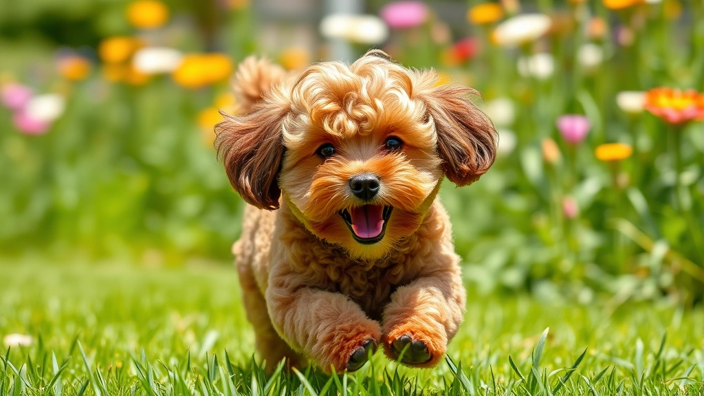 small hypoallergenic dog breeds -
A curly-coated miniature poodle playing in a sunny garden with green grass and 