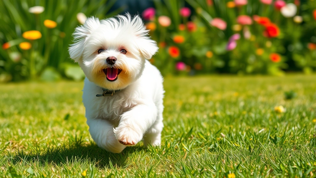 small white dog -
Photorealistic image of a playful white Bichon Frise running through a sunny ga
