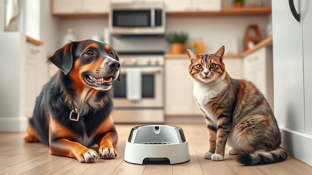 smart feeder programming -
Photorealistic image of a multi-pet household with a dog and cat near a microch