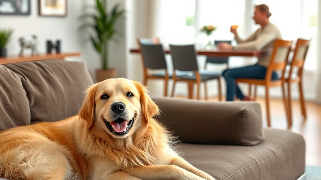 snoop dog wine -
Photorealistic style: Happy golden retriever relaxing on a couch in a living ro