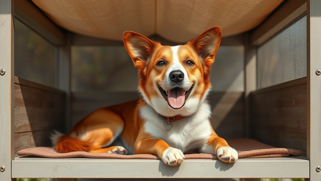 snoopy dog house -
Photorealistic happy medium-sized brown and white dog relaxing inside a modern