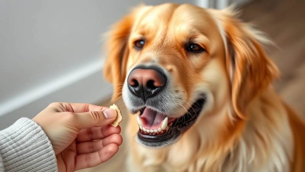 soft treat recipes for senior pets -
Photorealistic image of an elderly golden retriever with graying muzzle enjoyin