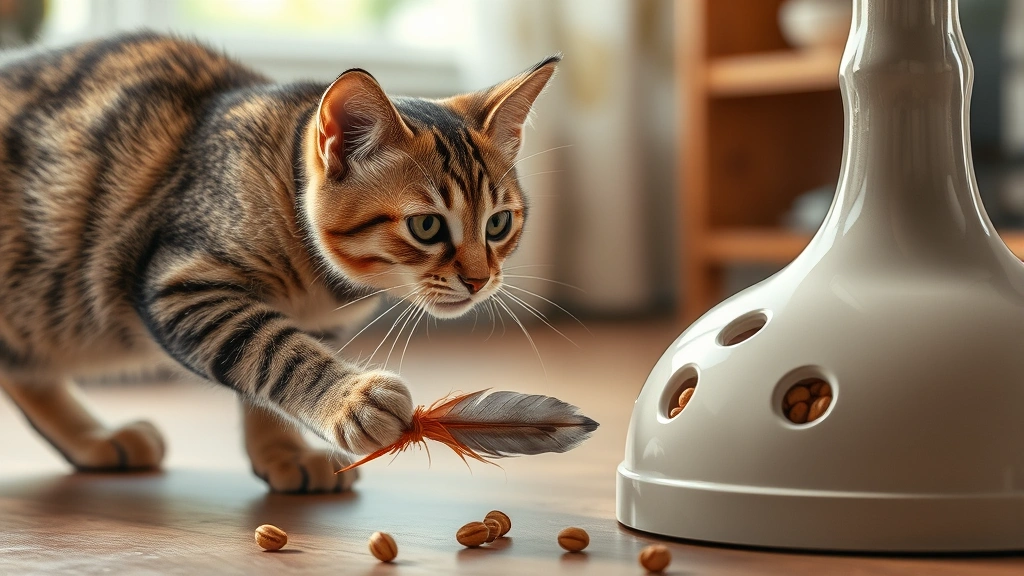 species-appropriate feeding times -
Photorealistic image of a tabby cat stalking a feather toy near a puzzle feeder