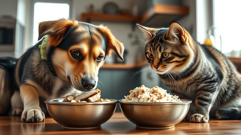 spices safe for pets -
Photorealistic close-up of a dog and cat eating from separate bowls of plain co