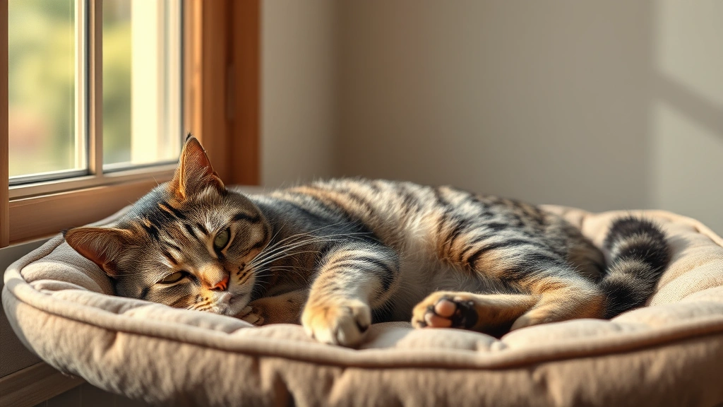 stiffness relief for older pets -
Photorealistic older tabby cat resting on an orthopedic pet bed by a sunny wind