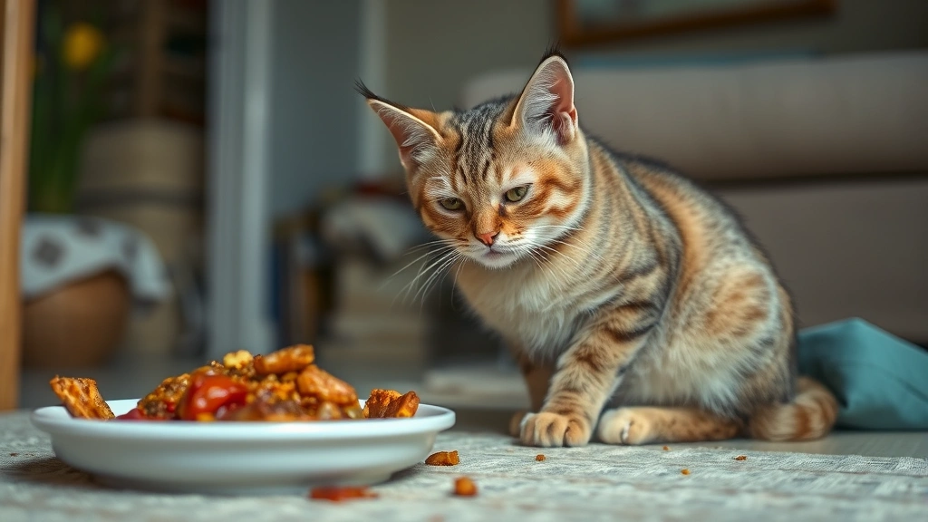 stress-related feeding changes -
A stressed cat with ears back sitting next to an uneaten meal in a home environ