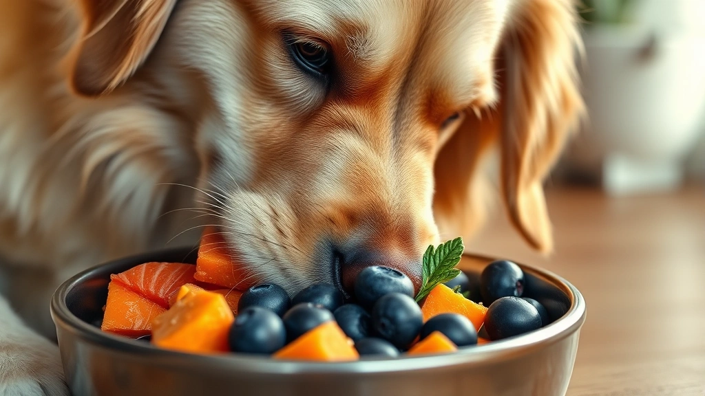 superfoods for pets -
Photorealistic close-up of a healthy golden retriever eating from a bowl filled