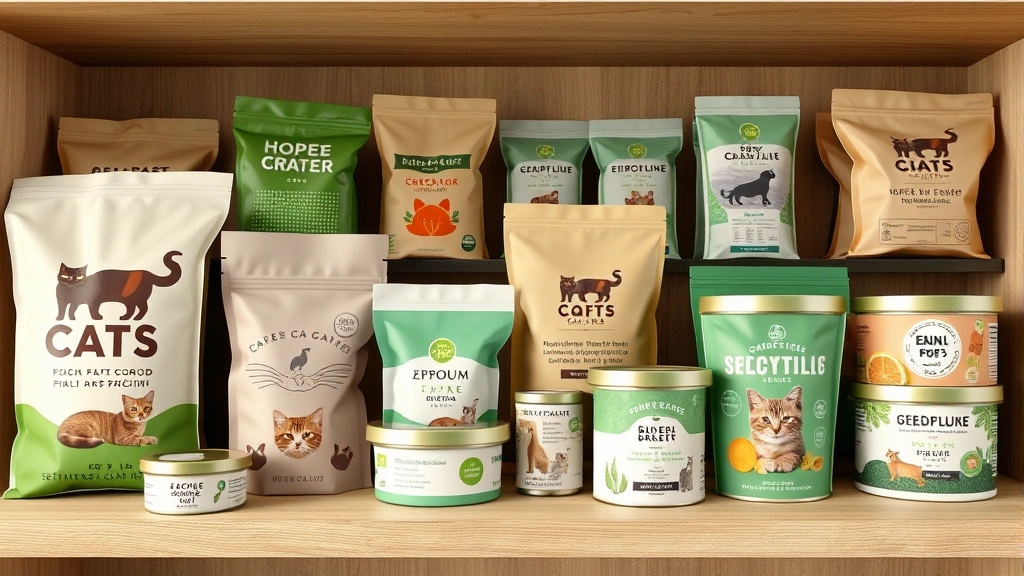 sustainable cat food -
Photorealistic image of various sustainable cat food bags and containers made f