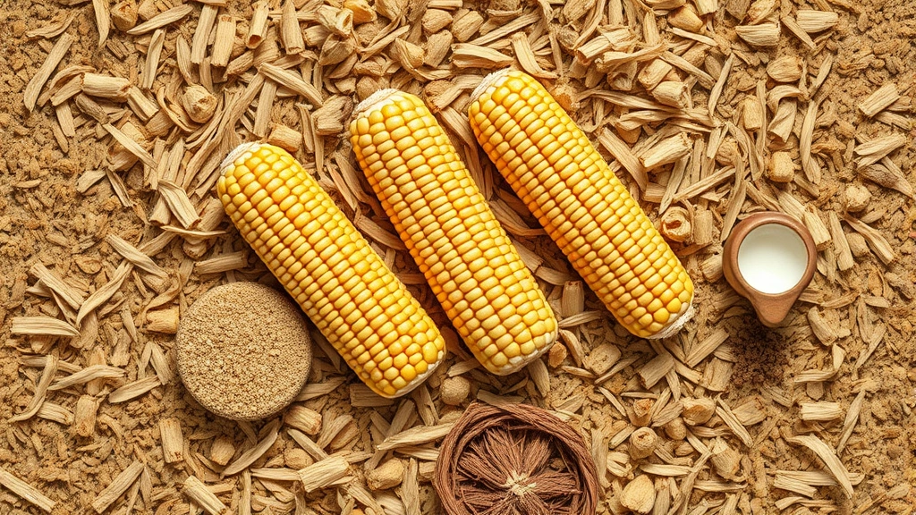 sustainable cat litter -
Photorealistic style: Overhead flat lay composition of sustainable litter ingre